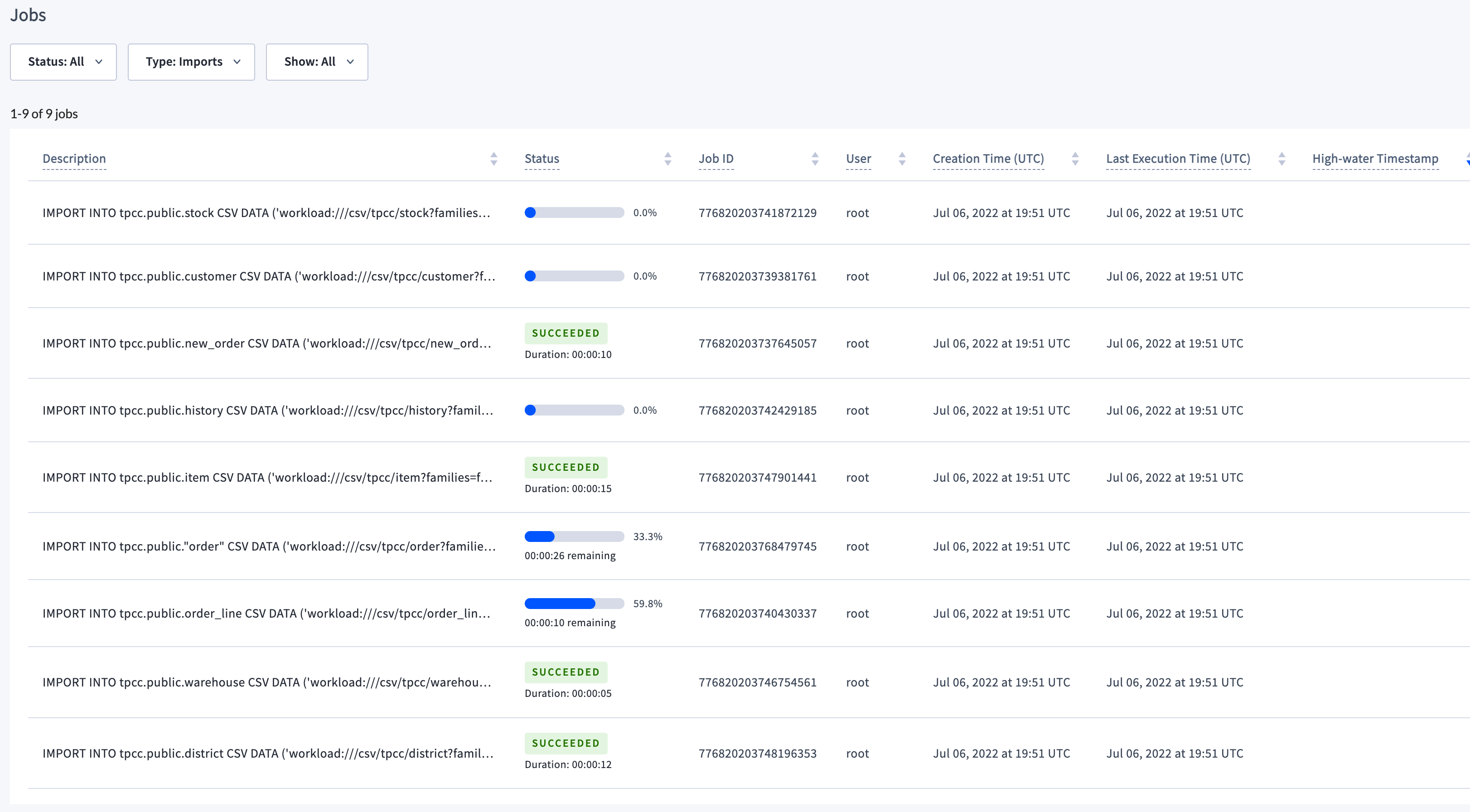 DB Console Jobs Page